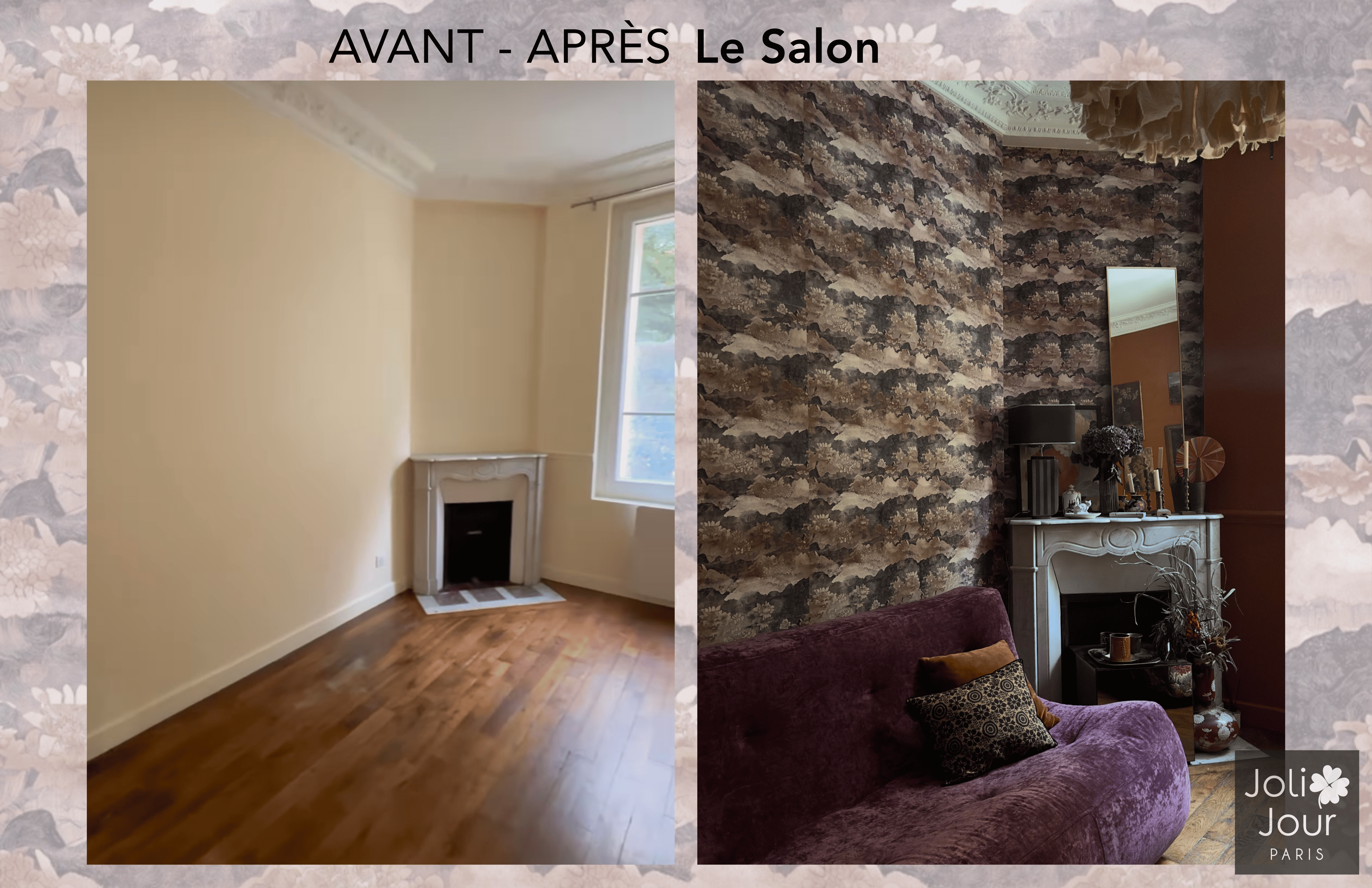 photograph showing the pre-renovation living room on one side and the post-renovation living room on the other
