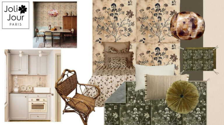 moodboard sur les tons beige et vert mousse