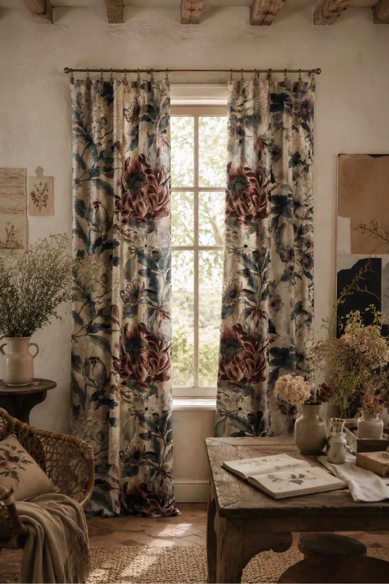 plaid, nappe, rideau fleuri, en gaze de coton, campagne chic, chambre, salon, portière décorative, tête de lit textile, décoration murale tissu, tenture murale florale, rideau haut de gamme français, , fleurs anciennes, romantique.