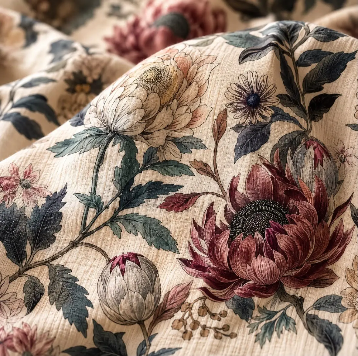 plaid, nappe, rideau fleuri, en gaze de coton, campagne chic, chambre, salon, portière décorative, tête de lit textile, décoration murale tissu, tenture murale florale, rideau haut de gamme français, , fleurs anciennes, romantique.