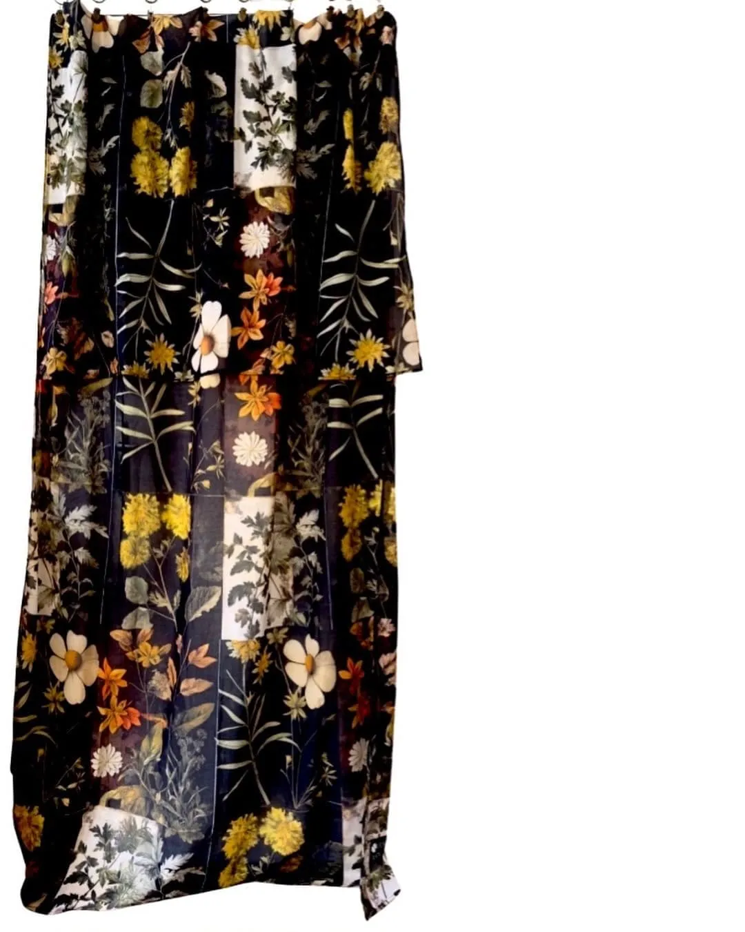 herbarium curtain, black floral curtain, botanical curtain, wildflower curtain, country-chic curtain, character-filled home curtain, cotton gauze curtain, printed cotton voile, botanical decor, botanical wall hanging, fabric headboard, elegant living room curtain, nature-inspired bedroom curtain, high-end French curtain, botanical decor.
