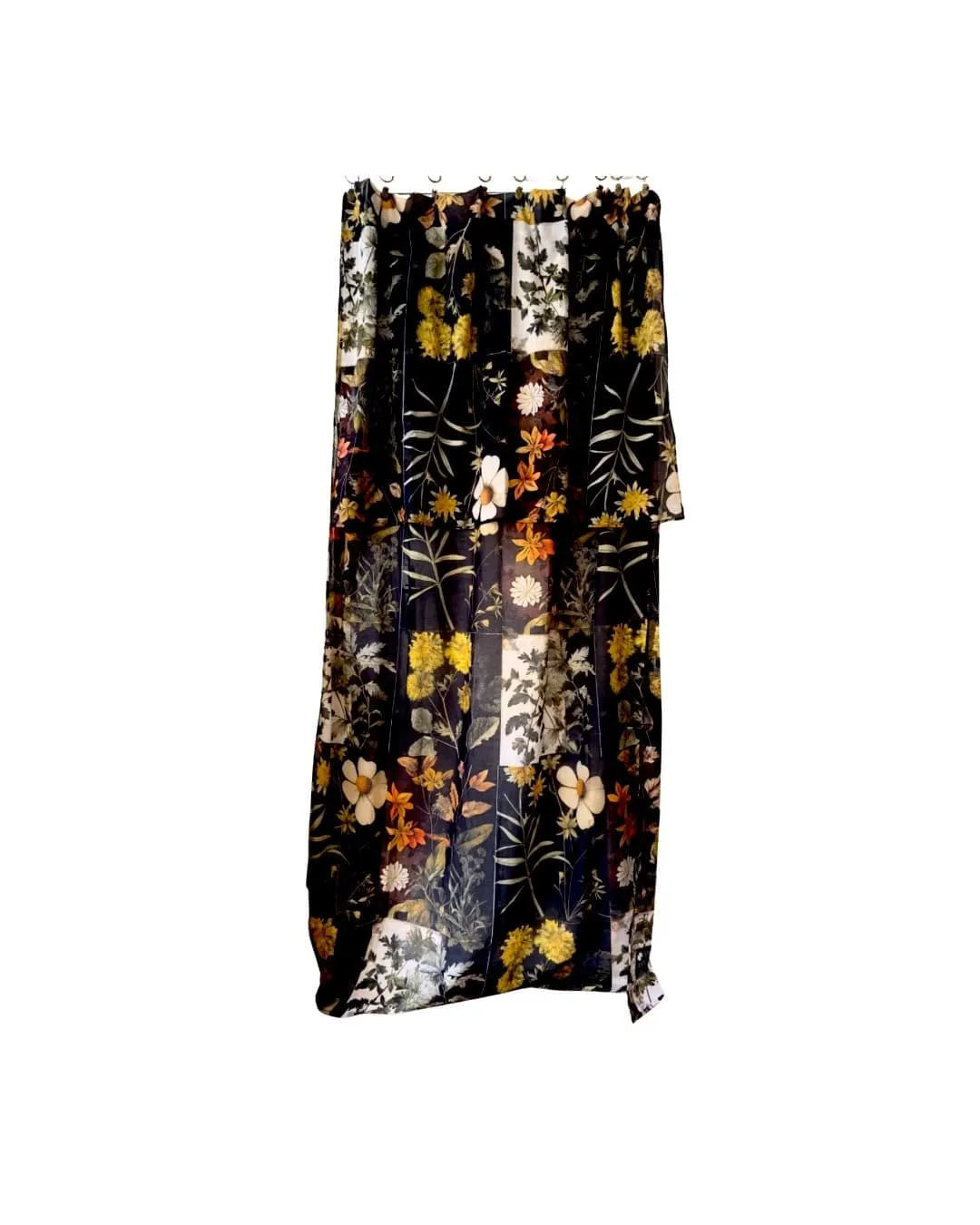 herbarium curtain, black floral curtain, botanical curtain, wildflower curtain, country-chic curtain, character-filled home curtain, cotton gauze curtain, printed cotton voile, botanical decor, botanical wall hanging, fabric headboard, elegant living room curtain, nature-inspired bedroom curtain, high-end French curtain, botanical decor.