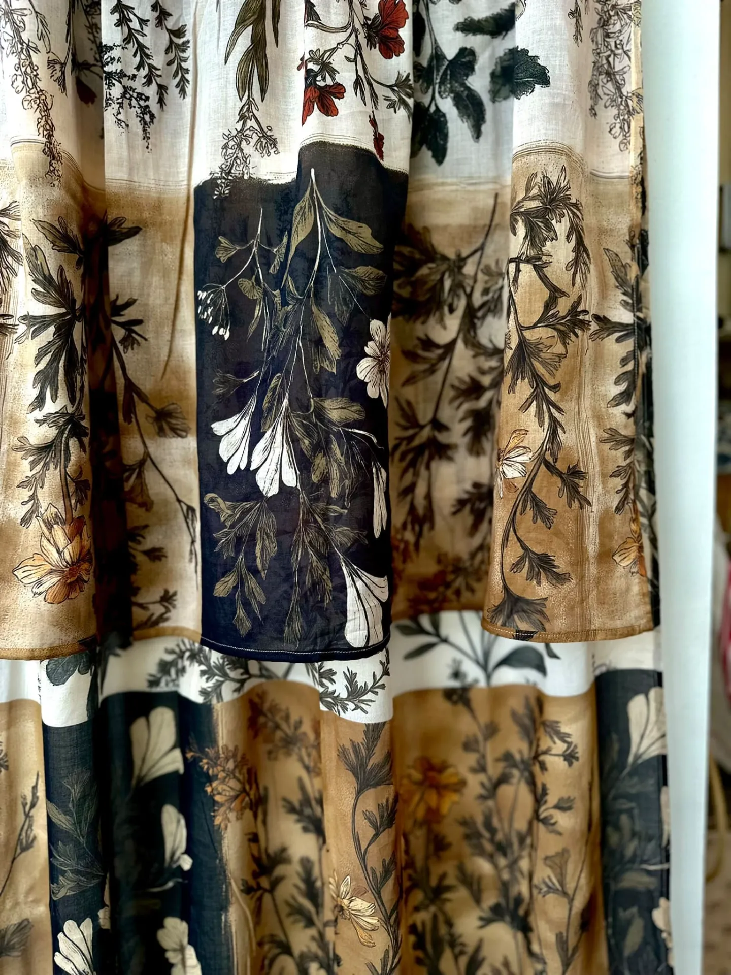 herb-inspired curtains, vintage floral curtains, country-chic curtains, wildflower curtains, antique botanical curtains, cotton gauze curtains, printed cotton voile, botanical decor, botanical wall hangings, country house curtains, elegant living room curtains, fabric headboard, natural decor, high-end French curtains, herbarium-style curtains.