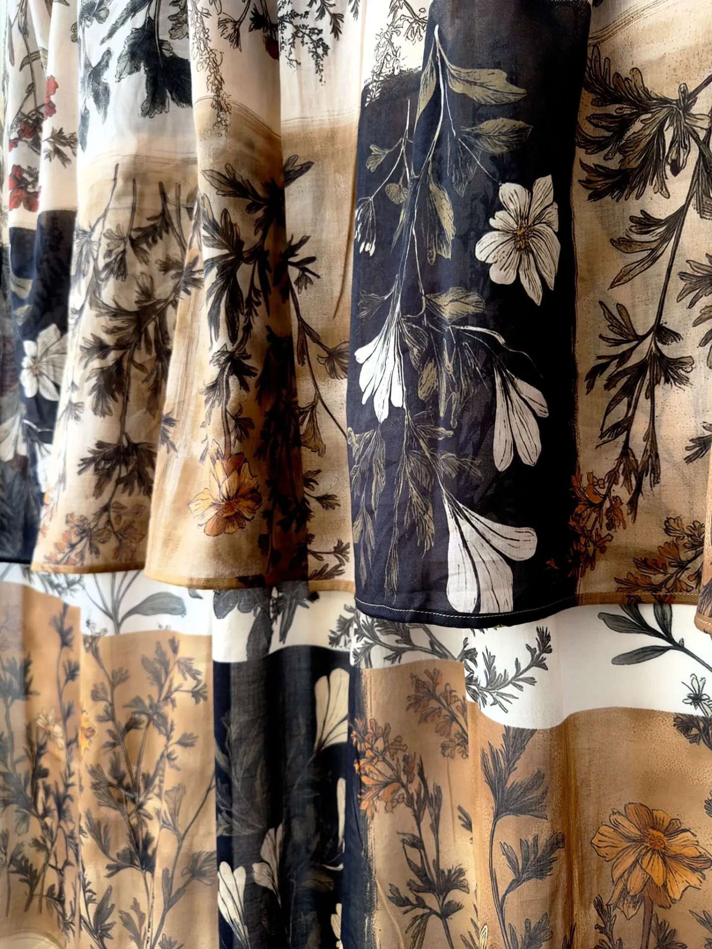 herb-inspired curtains, vintage floral curtains, country-chic curtains, wildflower curtains, antique botanical curtains, cotton gauze curtains, printed cotton voile, botanical decor, botanical wall hangings, country house curtains, elegant living room curtains, fabric headboard, natural decor, high-end French curtains, herbarium-style curtains.