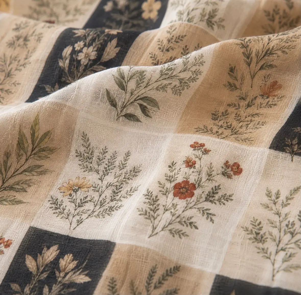 plaid, nappe, rideau fleuri, en gaze de coton, campagne chic, chambre, salon, portière décorative, tête de lit textile, décoration murale tissu, tenture murale florale, rideau haut de gamme français, , fleurs anciennes, romantique.