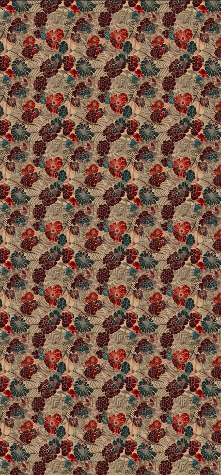 Japanese floral curtain, kimono curtain, Art Deco curtain, teal and red curtains, boho-chic curtains, cotton gauze curtains, printed cotton voile, Japanese decor, textile wall hangings, fabric headboards, elegant living room curtains, unique bedroom curtains, high-end French curtains, Japanese-inspired decor, colorful curtains.