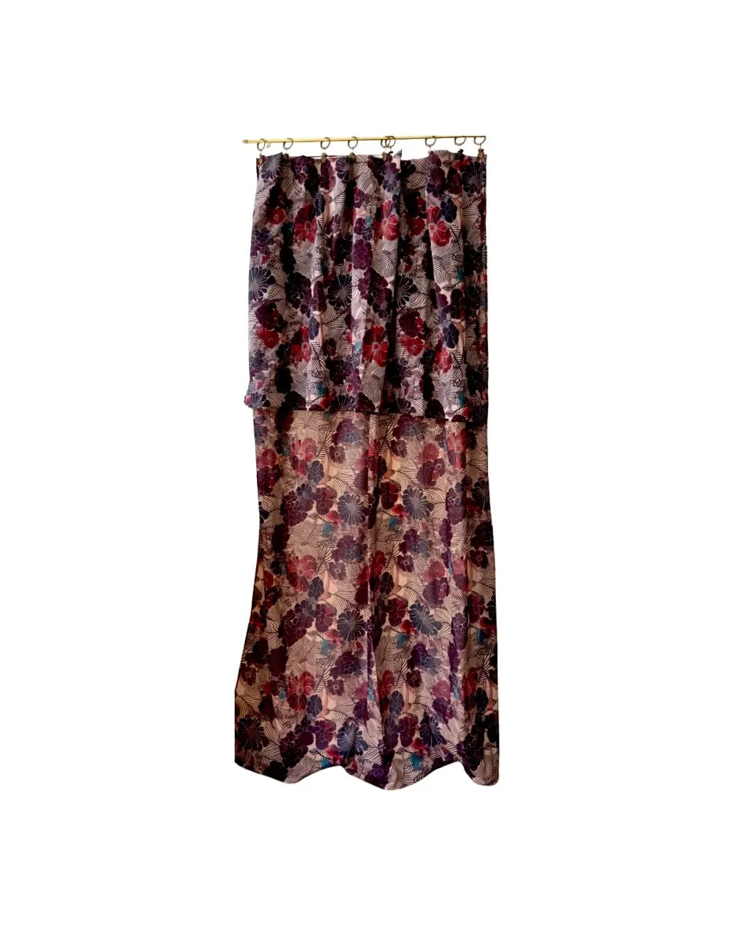 Japanese floral curtain, kimono curtain, Art Deco curtain, teal and red curtains, boho-chic curtains, cotton gauze curtains, printed cotton voile, Japanese decor, textile wall hangings, fabric headboards, elegant living room curtains, unique bedroom curtains, high-end French curtains, Japanese-inspired decor, colorful curtains.