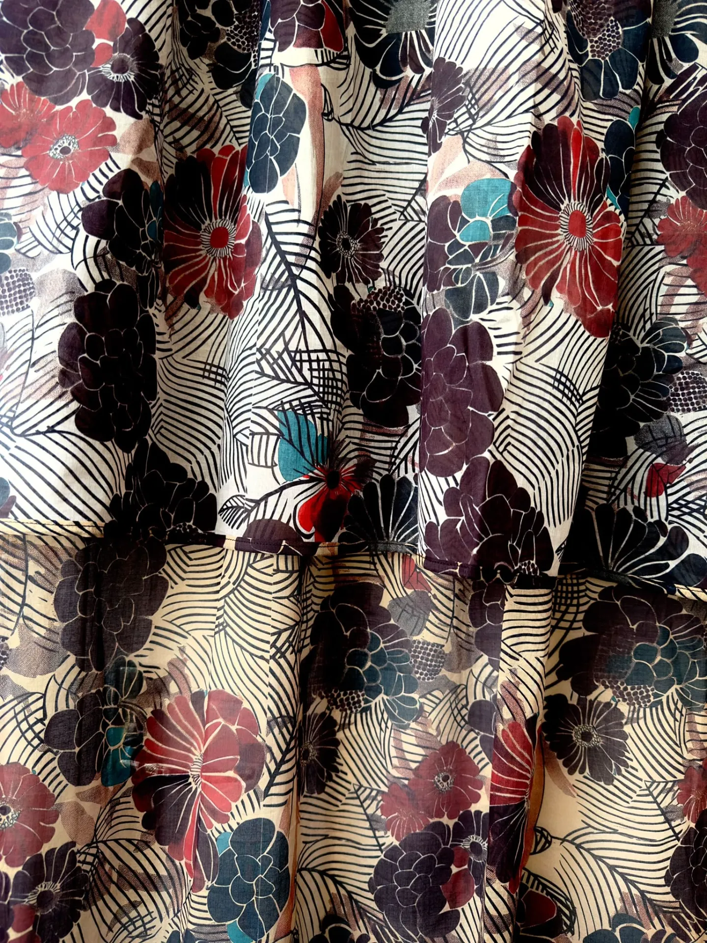 Japanese floral curtain, kimono curtain, Art Deco curtain, teal and red curtains, boho-chic curtains, cotton gauze curtains, printed cotton voile, Japanese decor, textile wall hangings, fabric headboards, elegant living room curtains, unique bedroom curtains, high-end French curtains, Japanese-inspired decor, colorful curtains.