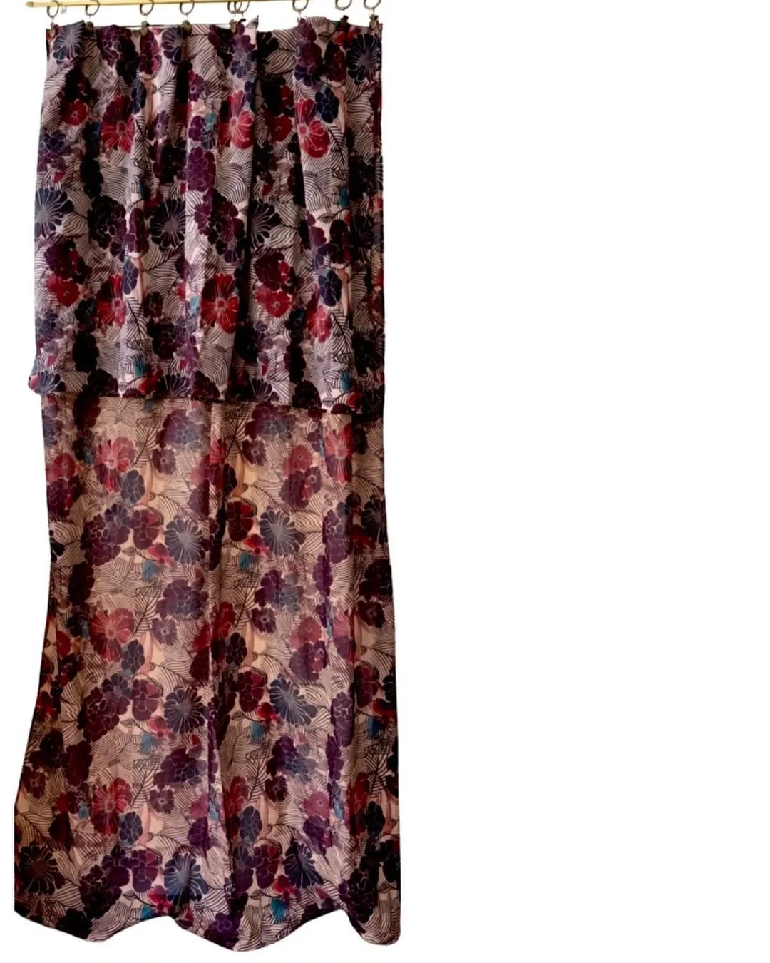 Japanese floral curtain, kimono curtain, Art Deco curtain, teal and red curtains, boho-chic curtains, cotton gauze curtains, printed cotton voile, Japanese decor, textile wall hangings, fabric headboards, elegant living room curtains, unique bedroom curtains, high-end French curtains, Japanese-inspired decor, colorful curtains.