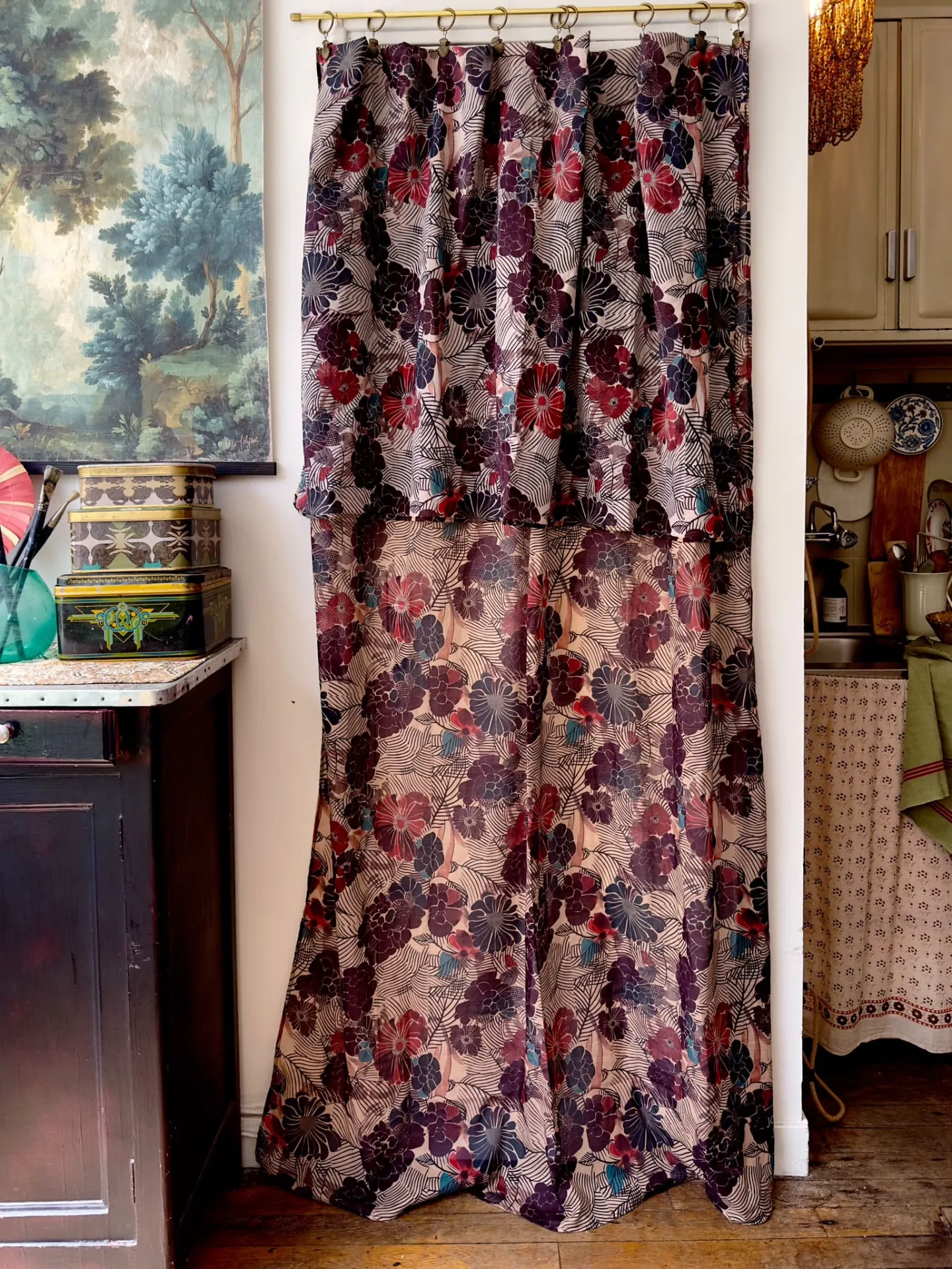 Japanese floral curtain, kimono curtain, Art Deco curtain, teal and red curtains, boho-chic curtains, cotton gauze curtains, printed cotton voile, Japanese decor, textile wall hangings, fabric headboards, elegant living room curtains, unique bedroom curtains, high-end French curtains, Japanese-inspired decor, colorful curtains.