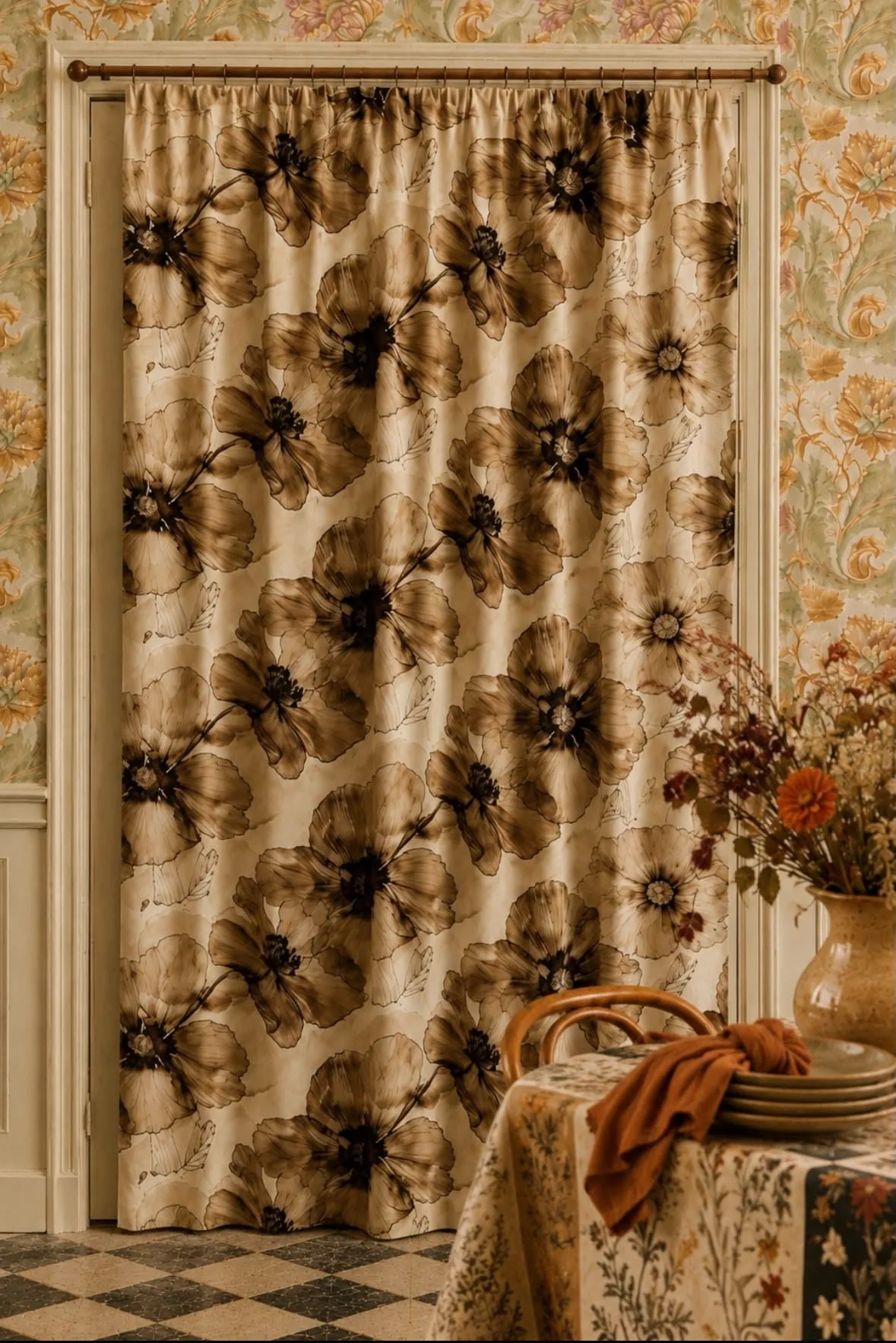 plaid, nappe, rideau fleuri, en gaze de coton, campagne chic, chambre, salon, portière décorative, tête de lit textile, décoration murale tissu, tenture murale florale, rideau haut de gamme français, , fleurs anciennes, romantique.