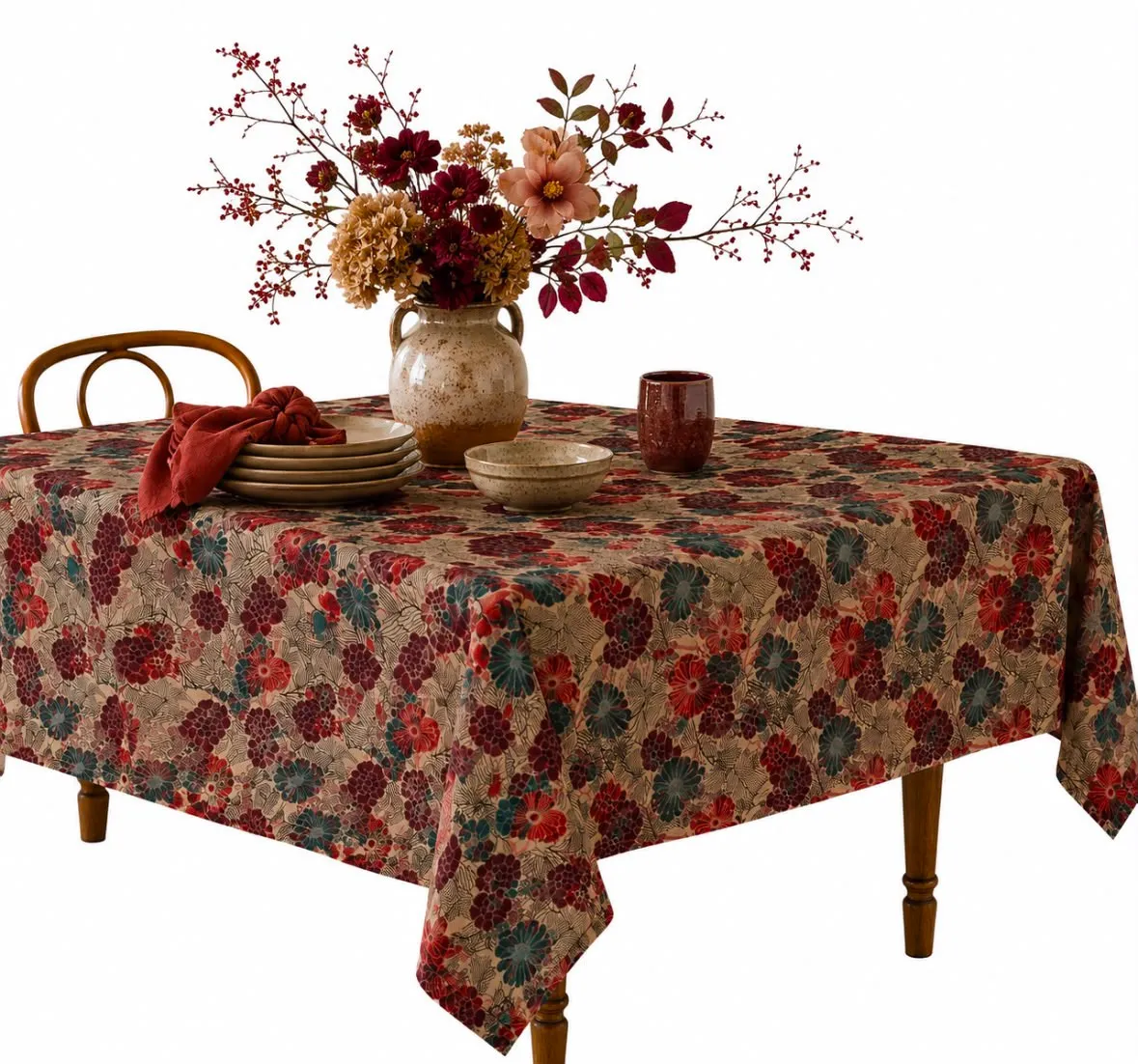 grande nappe 130 x 280 motif floral japonais, kimono, art déco, bleu canard et rouge, bohème chic, en gaze de coton imprimé, décoration japonaise, tenture murale textile, tête de lit tissu, rideau salon élégant, rideau chambre originale, rideau haut de gamme français, décoration inspirée du Japon, rideau coloré.