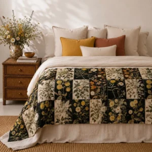 plaid bout de lit, jeté de lit, jeté de canapé, plaid canapé, plaid en gaze de coton, plaid floral, décoration chambre, textile décoration maison, linge de maison Made in France, plaid haut de gamme français, bout de lit campagne chic, bout de lit bohème, plaid maison de famille, plaid décoratif, plaid grande taille.