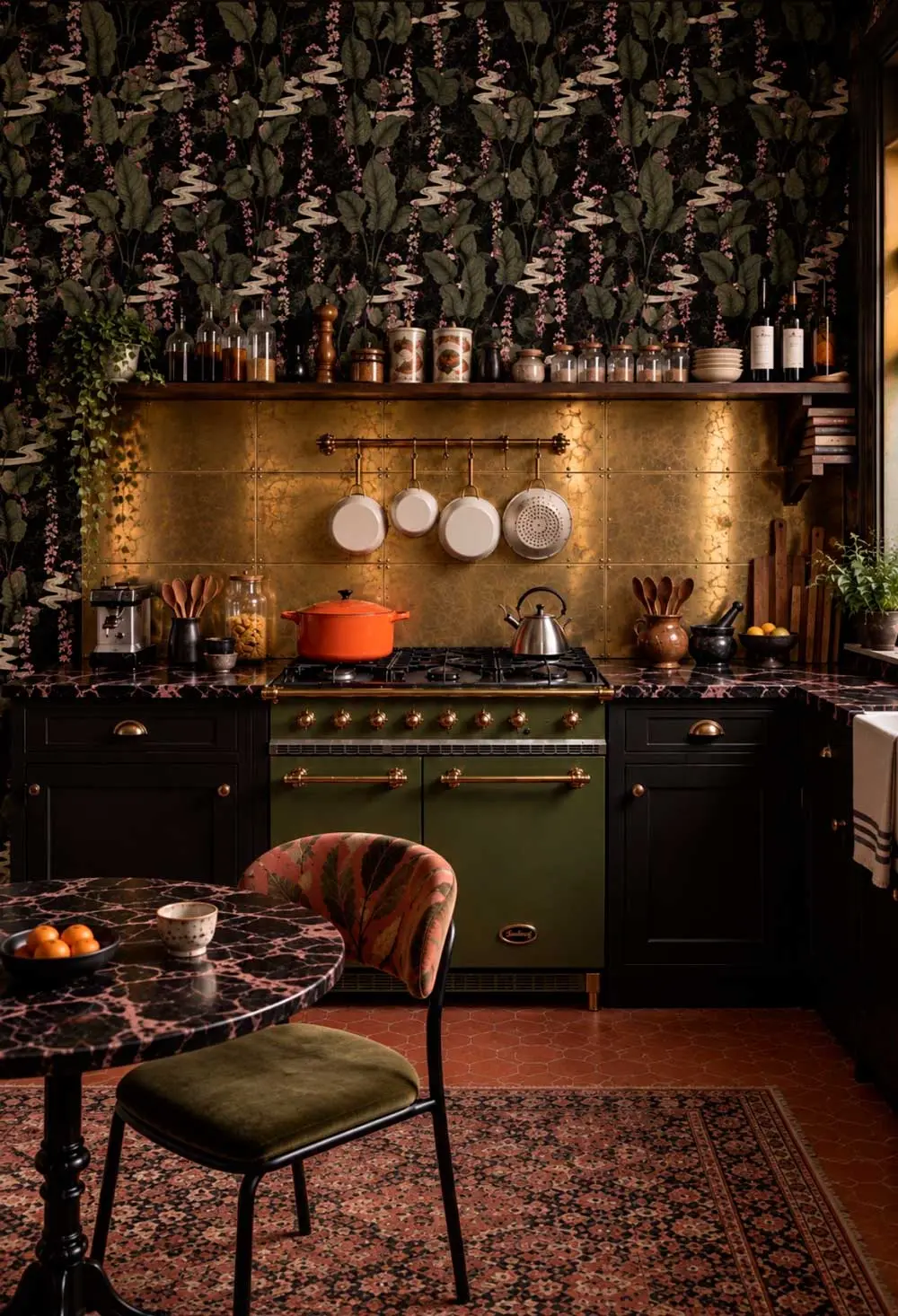 Aménagement cuisine avec papier peint végétal et touches cuivrées