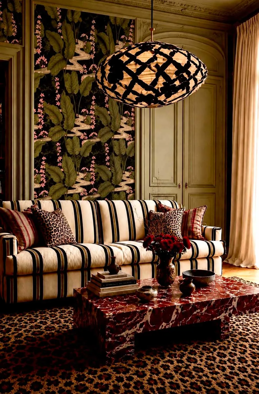 Papier peint panoramique feuillage sombre collection Modern Style dans un salon design
