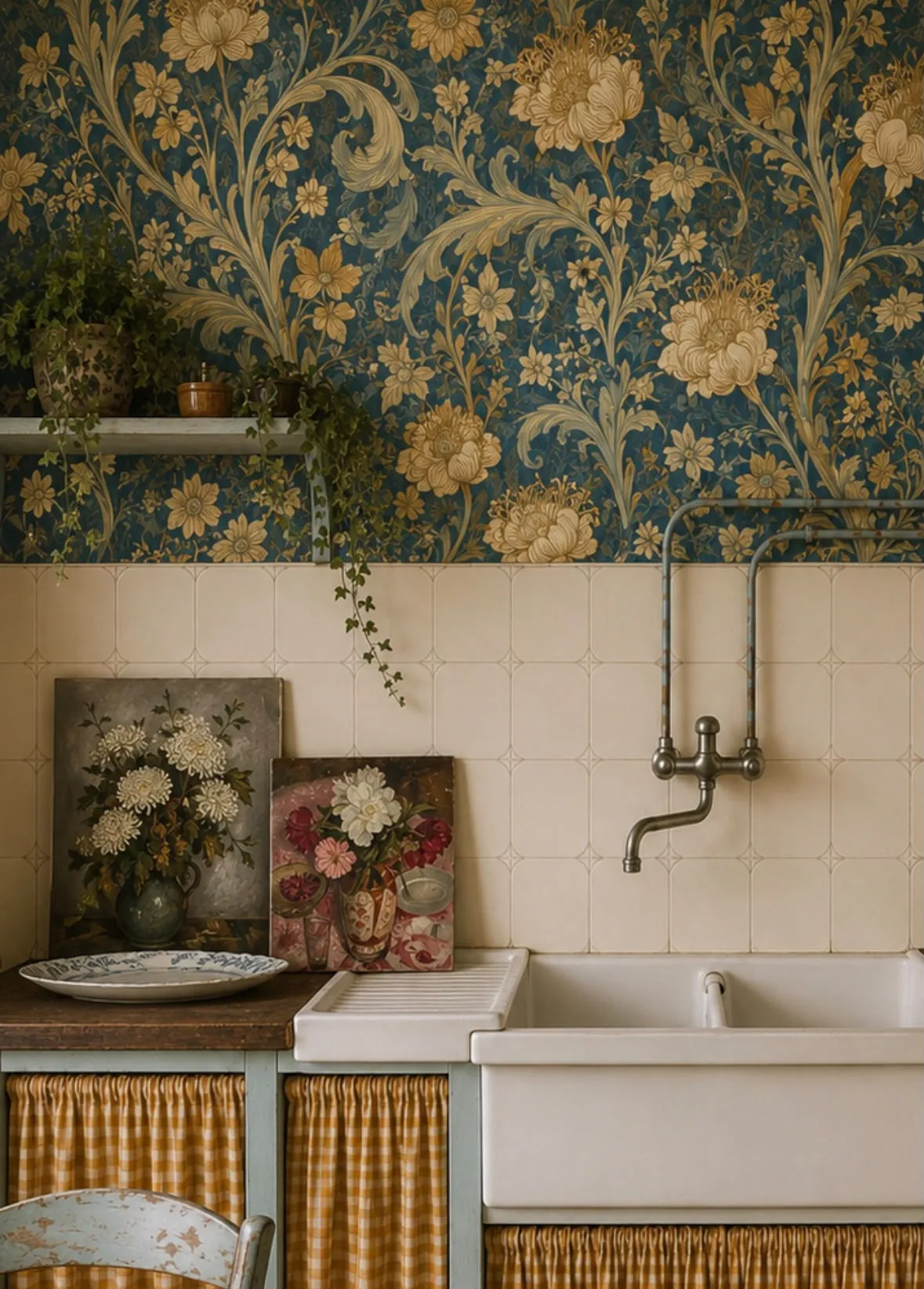 Cuisine avec papier peint floral bleu et or au-dessus d'une crédence crème, évier en grès et rideaux vichy jaune