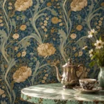 Détail du papier peint floral Modern Style N°8 derrière une table patinée vert-de-gris, théière et tasse en faïence