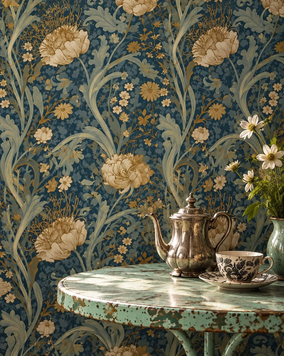 Papier peint floral Modern Style N°1 – grandes feuilles vert olive et fleurs roses sur fond noir, inspiration Art nouveau – Joli Jour Paris